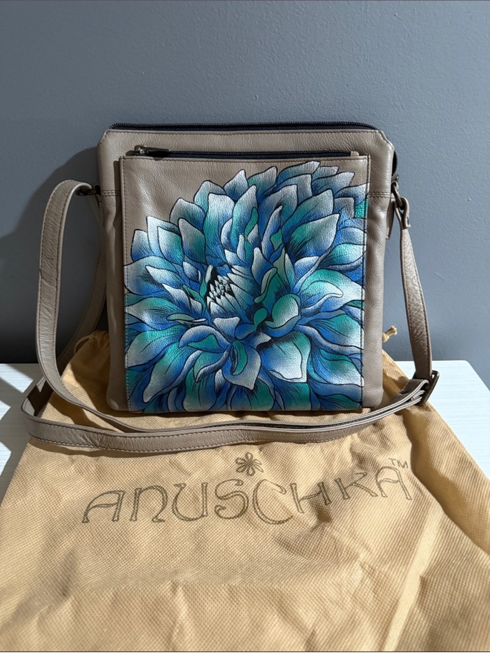 Anuschka hand-painted genuine leather crossbody bag a blue "Dreamy Dahlias"
